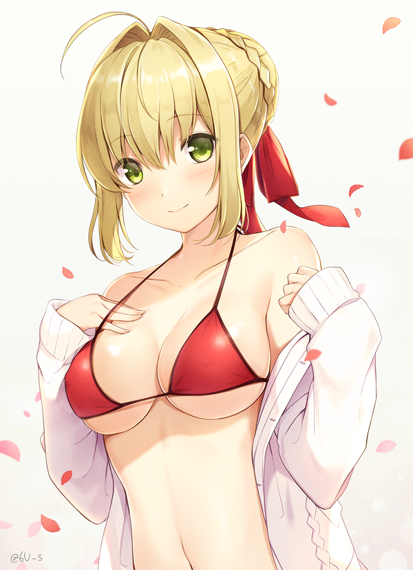 1girl 6u_(eternal_land) bangs bikini_top blonde_hair blush bow braid breasts collarbone commentary_request eyebrows_visible_through_hair fate/stay_night fate_(series) french_braid gradient gradient_background green_eyes hair_bow hair_bun hand_on_own_chest jacket long_sleeves looking_at_viewer medium_breasts navel nero_claudius_(fate) nero_claudius_(fate)_(all) off_shoulder open_clothes open_jacket petals red_bikini_top signature simple_background smile solo tied_hair upper_body