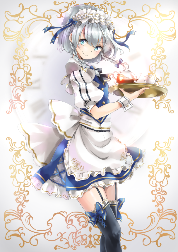 1girl apron black_legwear blue_bow blue_eyes bow braid commentary_request cup frilled_apron frills garter_straps hair_bow holding izayoi_sakuya looking_at_viewer maid_apron maid_headdress petticoat puffy_short_sleeves puffy_sleeves shironeko_yuuki short_sleeves silver_hair smile solo teacup teapot thigh-highs touhou tray twin_braids wrist_cuffs zettai_ryouiki