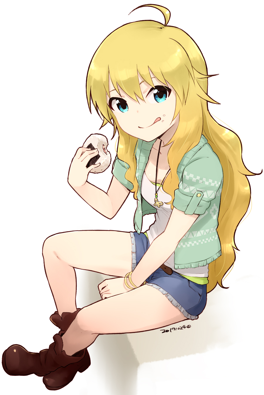 1girl :q ahoge aqua_eyes bangle bangs belt blonde_hair boots bracelet breasts brown_belt brown_footwear butterfly_necklace closed_mouth collarbone cropped_jacket cutoff_jeans cutoffs dated denim denim_shorts dot_nose eating food food_on_face full_body green_jacket hand_in_lap highres holding holding_food hoshii_miki idolmaster jacket jewelry layered_clothing leaning_forward legs_crossed licking_lips long_hair looking_at_viewer nagian necklace no_socks onigiri pendant rice rice_on_face short_shorts short_sleeves shorts sitting small_breasts smile solo tank_top tongue tongue_out very_long_hair wavy_hair