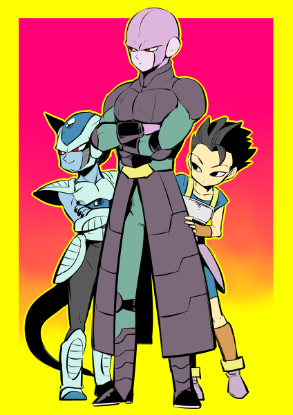 3boys black_eyes black_hair cabba_(dragon_ball) crossed_arms dragon_ball dragon_ball_super frost_(dragon_ball) hit_(dragon_ball) katori_(katokichi) looking_away male_focus multiple_boys pink_background red_eyes serious short_hair simple_background smile tail yellow_background