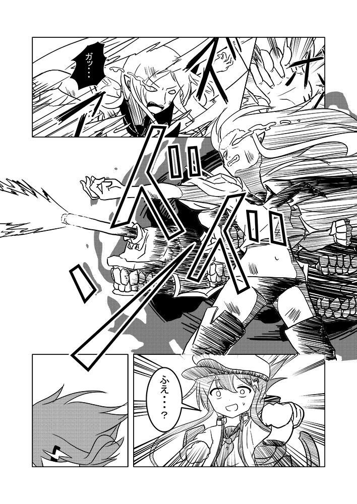 3girls burning_eye clenched_hand clenched_teeth coat comic crop_top emphasis_lines eyebrows_visible_through_hair fingernails firing folded_ponytail greyscale hair_ornament hairclip hairpin hat ikazuchi_(kantai_collection) inazuma_(kantai_collection) kantai_collection legs_apart lightning_bolt lightning_bolt_hair_ornament long_fingernails long_hair machinery meitoro monochrome multiple_girls navel neckerchief no_pupils open_mouth out_of_frame outstretched_arm peaked_cap pointy_ears sailor_collar sailor_shirt school_uniform serafuku shinkaisei-kan shirt sidelocks sleeves_past_wrists speech_bubble sweatdrop ta-class_battleship teeth translation_request turret