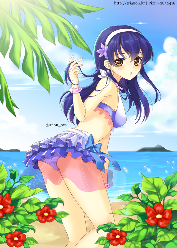 1girl bangs beach bikini bikini_skirt blue_bikini blue_hair blue_ribbon blue_swimsuit blush bracelet clouds commentary_request day flower frilled_bikini frilled_bikini_bottom frilled_bikini_top frilled_swimsuit frills from_behind gradient gradient_clothes hair_between_eyes hair_flower hair_ornament hair_twirling hairband hibiscus jewelry long_hair looking_at_viewer love_live! love_live!_school_idol_project natsuiro_egao_de_1_2_jump! necklace ocean open_mouth outdoors ribbon see-through sky solo sonoda_umi swimsuit trianon twitter_username water yellow_eyes