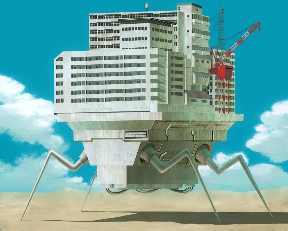 blue_sky building clouds commentary_request crane day harau no_humans original outdoors scenery shadow sky spider_legs surreal