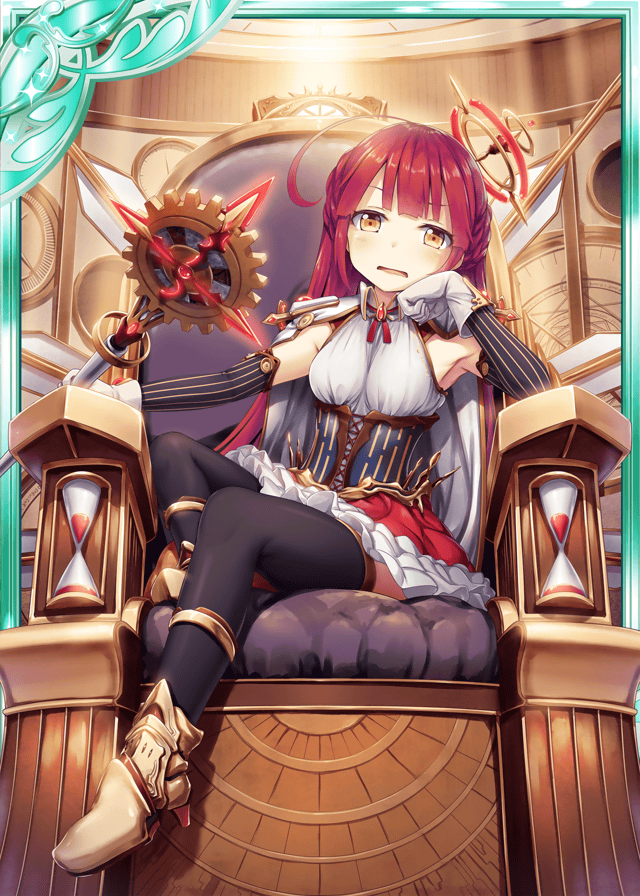 1girl akkijin bored breasts card_(medium) clock clockwork looking_at_viewer open_mouth orange_eyes redhead shinkai_no_valkyrie sitting small_breasts solo staff thigh-highs throne weapon