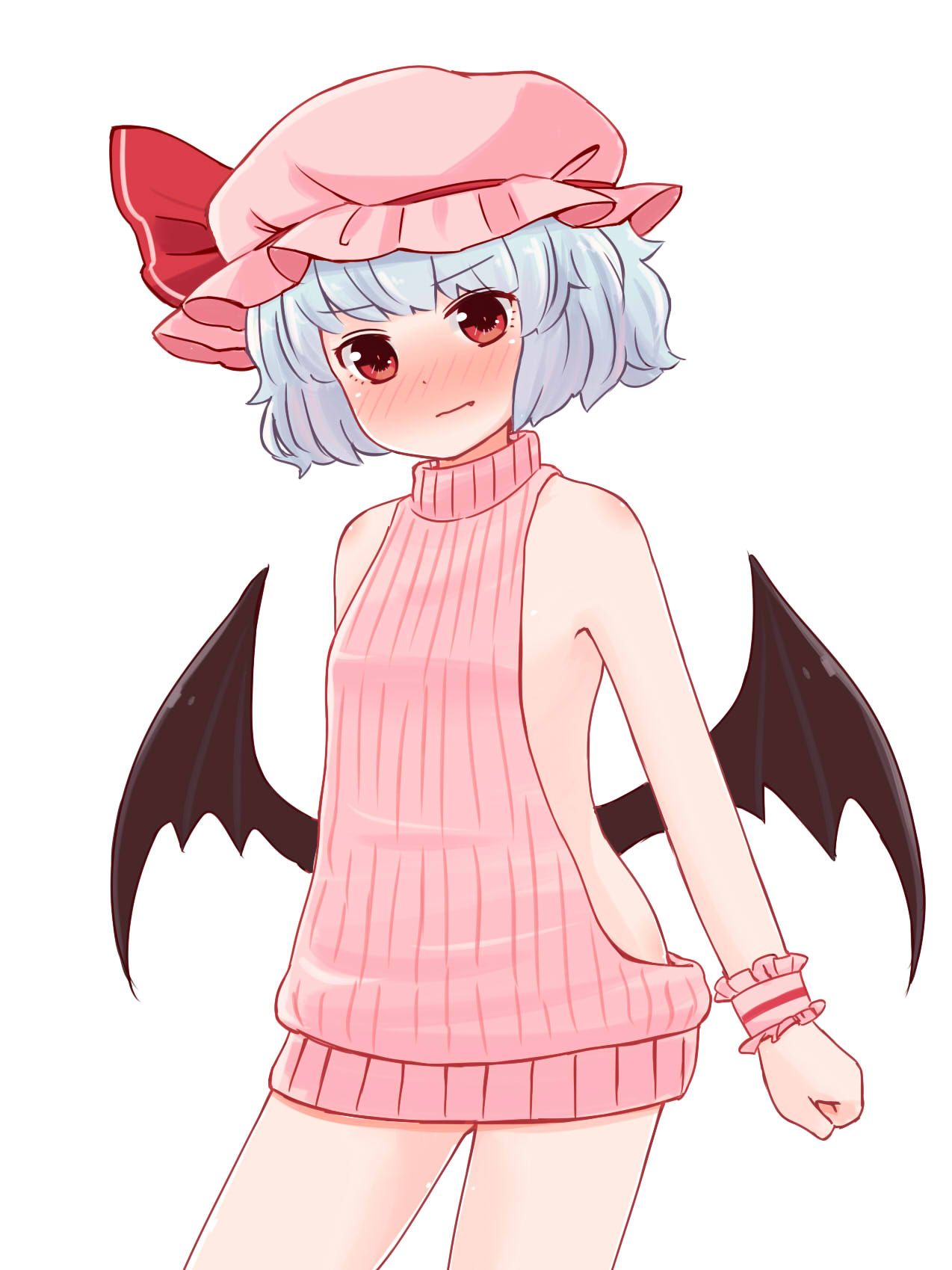 1girl bare_arms bare_shoulders batta_(ijigen_debris) blue_hair blush commentary_request contrapposto cowboy_shot embarrassed eyebrows_visible_through_hair fang fang_out hat head_tilt highres looking_at_viewer low_wings meme_attire mob_cap nose_blush pink_hat pink_sweater red_eyes remilia_scarlet ribbed_sweater short_hair simple_background solo standing sweater touhou virgin_killer_sweater white_background wings wrist_cuffs