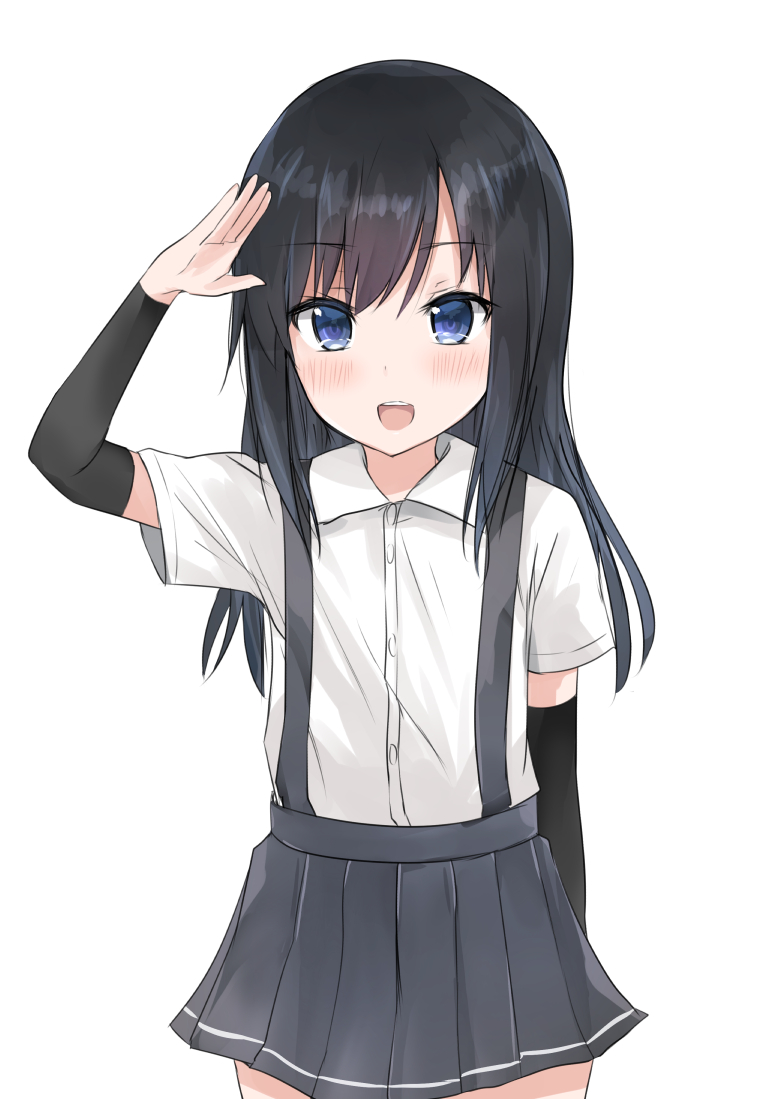 1girl arm_warmers asashio_(kantai_collection) black_hair blue_eyes kantai_collection long_hair natsu_(sinker8c) salute school_uniform shirt short_sleeves simple_background skirt solo suspenders underwear white_background white_shirt