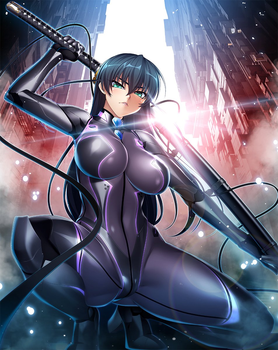 1girl aqua_eyes bangs blue_hair bodysuit breasts commentary_request eyebrows_visible_through_hair highres holding holding_weapon igawa_asagi impossible_bodysuit impossible_clothes kagami_hirotaka katana kneeling large_breasts looking_at_viewer sheath skin_tight solo sword taimanin_(series) taimanin_asagi taimanin_asagi_kessen_arena thigh-highs weapon
