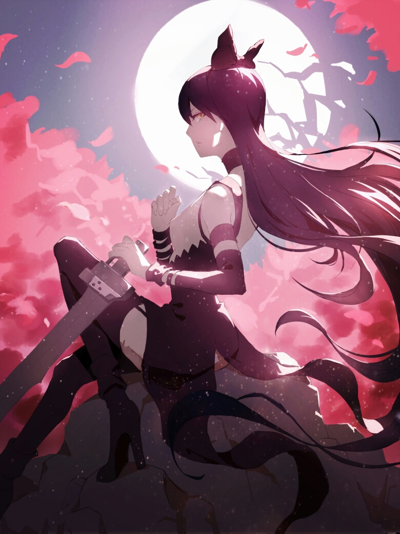 1girl bare_shoulders black_hair blake_belladonna boots cherry_blossoms flat_chest full_body full_moon high_heel_boots high_heels long_hair looking_at_viewer moon rwby solo sword thigh-highs thigh_boots weapon zane_(759072704)