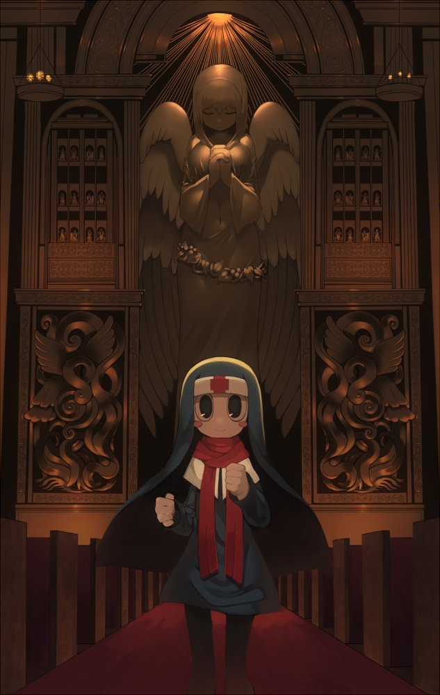 1girl angel_statue black_eyes blue_dress blush_stickers church closed_mouth commentary_request dress harau headdress indoors long_sleeves looking_at_viewer nun original red_scarf scarf seat solo standing statue