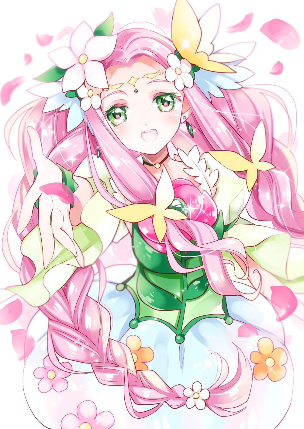 1girl :d ayumaru_(art_of_life) braid bubble_skirt colored_eyelashes cure_felice earrings flower flower_in_eye green_eyes hair_flower hair_ornament hanami_kotoha highres jewelry long_hair looking_at_viewer magical_girl mahou_girls_precure! open_mouth outstretched_hand petals pink_hair precure simple_background skirt smile solo symbol_in_eye twin_braids white_background white_skirt