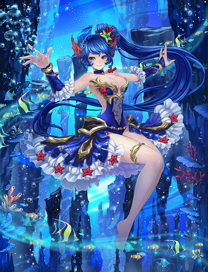 1girl air_bubble angelfish arms_up bare_legs blue_dress blue_eyes blue_hair bracelet breasts bridal_gauntlets bubble choker cleavage clownfish coral coral_hair_ornament dress folded_leg freediving frilled_skirt frills hair_ornament happyim head_fins jewelry large_breasts light_smile long_hair looking_at_viewer open-back_dress open_hand original outstretched_arm pendant ponytail skirt solo star star_hair_ornament thigh_strap underwater very_long_hair