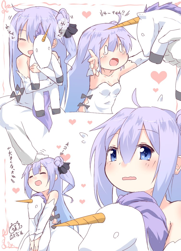 1girl :d ^_^ ahoge azur_lane bare_shoulders closed_eyes commentary dated detached_sleeves dress hair_bun heart inori_(xyz5568) multiple_views object_hug open_mouth petting purple_hair side_bun smile strapless strapless_dress stuffed_unicorn unicorn_(azur_lane) white_dress