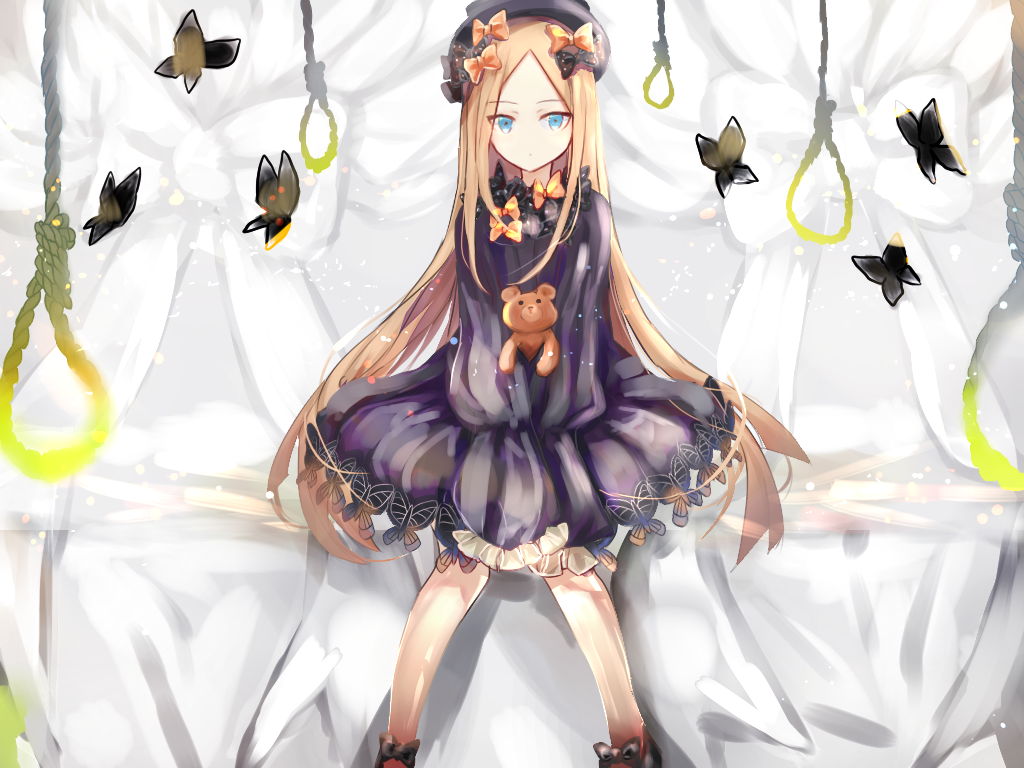 1girl abigail_williams_(fate/grand_order) bangs black_bow black_dress black_footwear black_hat blonde_hair blue_eyes bow butterfly closed_mouth commentary_request dress eyebrows_visible_through_hair fate/grand_order fate_(series) forehead hair_bow hat juu_ame long_hair long_sleeves looking_at_viewer noose object_hug orange_bow parted_bangs polka_dot polka_dot_bow rope shoes sitting sleeves_past_wrists solo stuffed_animal stuffed_toy teddy_bear very_long_hair white_bow