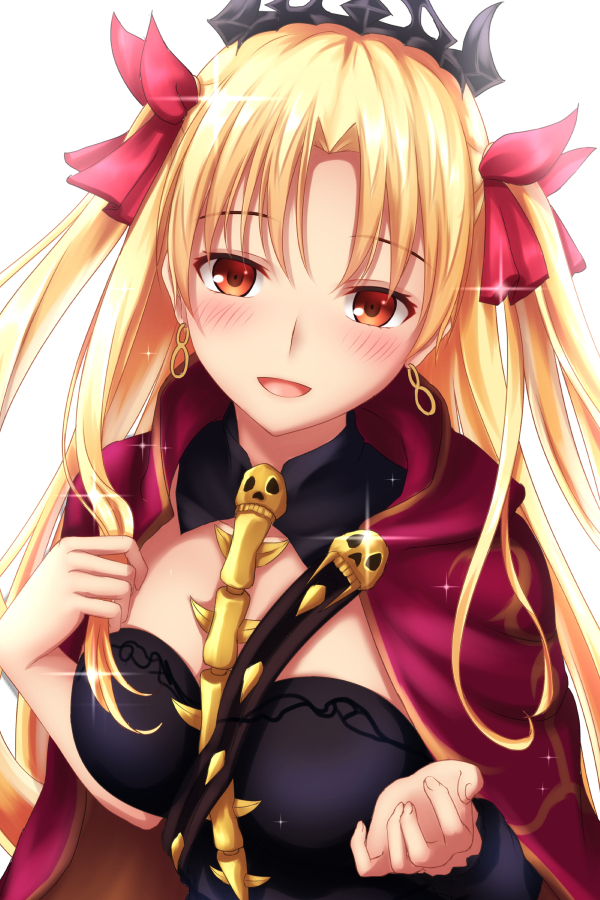 1girl :d bangs black_leotard blonde_hair blush bow cape ereshkigal_(fate/grand_order) eyebrows_visible_through_hair fate/grand_order fate_(series) gradient gradient_background hair_bow leotard long_hair looking_at_viewer open_mouth parted_bangs purple_bow red_eyes shiny shiny_hair shiny_skin skull smile solo tapisuke thighs tohsaka_rin twintails two_side_up