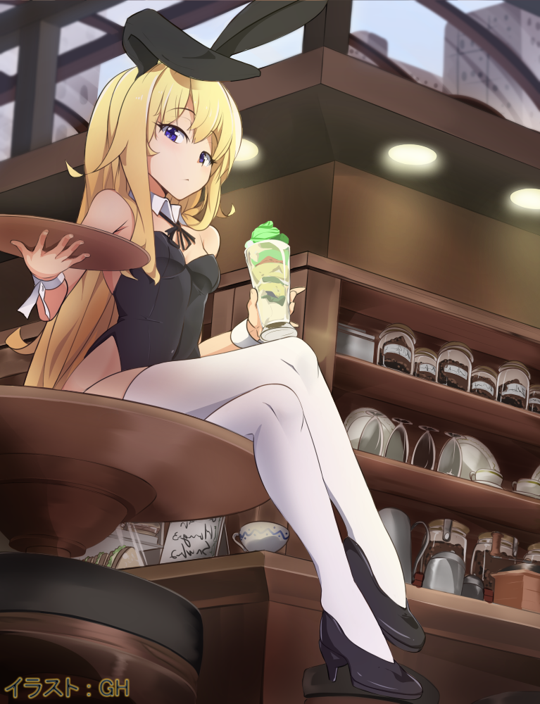 1girl animal_ears bar bare_shoulders black_leotard black_neckwear black_ribbon blonde_hair blue_eyes breasts bunny_girl bunnysuit closed_mouth coffee_pot commission covered_navel cup day detached_collar drinking_glass gabriel_dropout gh high_heels highleg highleg_leotard holding holding_tray indoors jar legs_crossed leotard light long_hair looking_at_viewer neck_ribbon on_table rabbit_ears ribbon sandwiched shelf sign sitting small_breasts solo strapless strapless_leotard table tenma_gabriel_white thigh-highs tray very_long_hair white_legwear wrist_cuffs