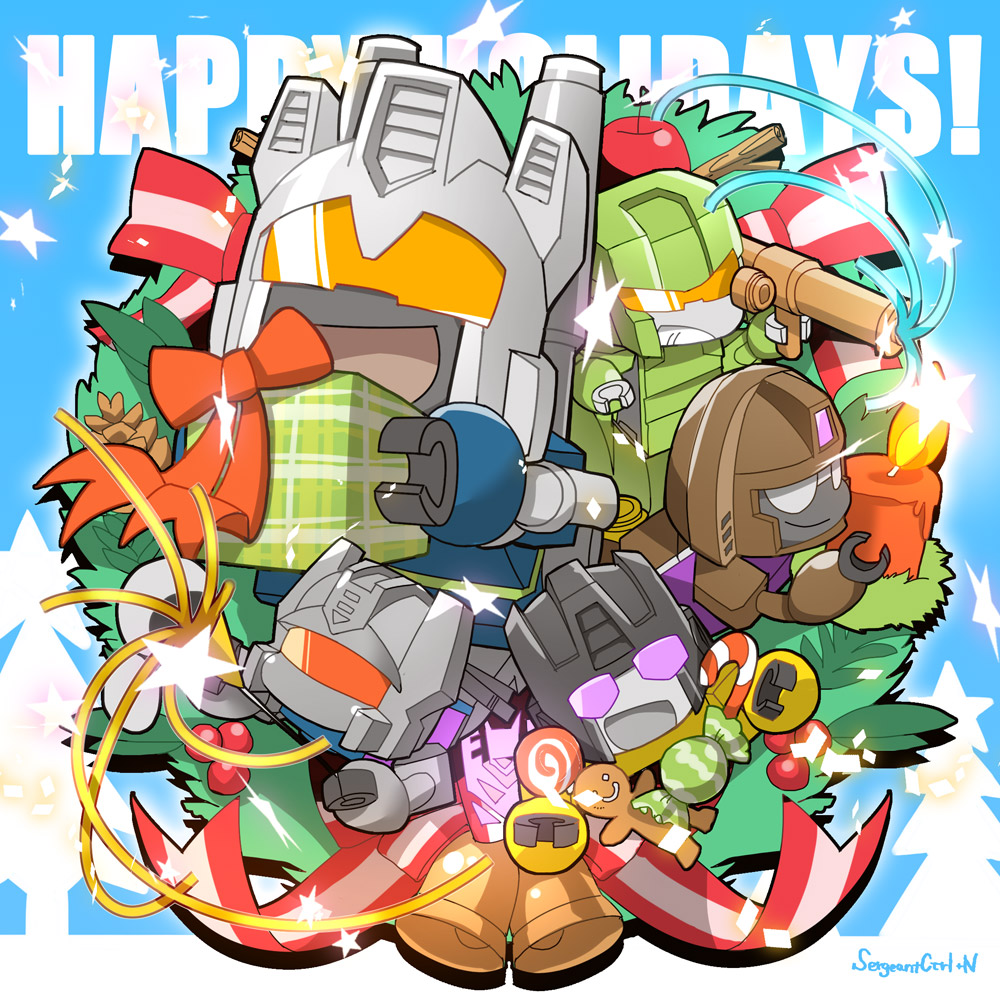 5boys 80s bell blast_off blue_background box brawl candle candy candy_cane cannon christmas christmas_ornaments christmas_tree combaticon decepticon english fire food fur_trim gift gift_box glowing grin gun insignia looking_at_viewer merry_christmas multiple_boys no_humans oldschool onslaught open_mouth orange_eyes red_eyes ribbon sergeantctrln smile star swindle_(transformers) transformers violet_eyes vortex_(transformers) weapon white_eyes