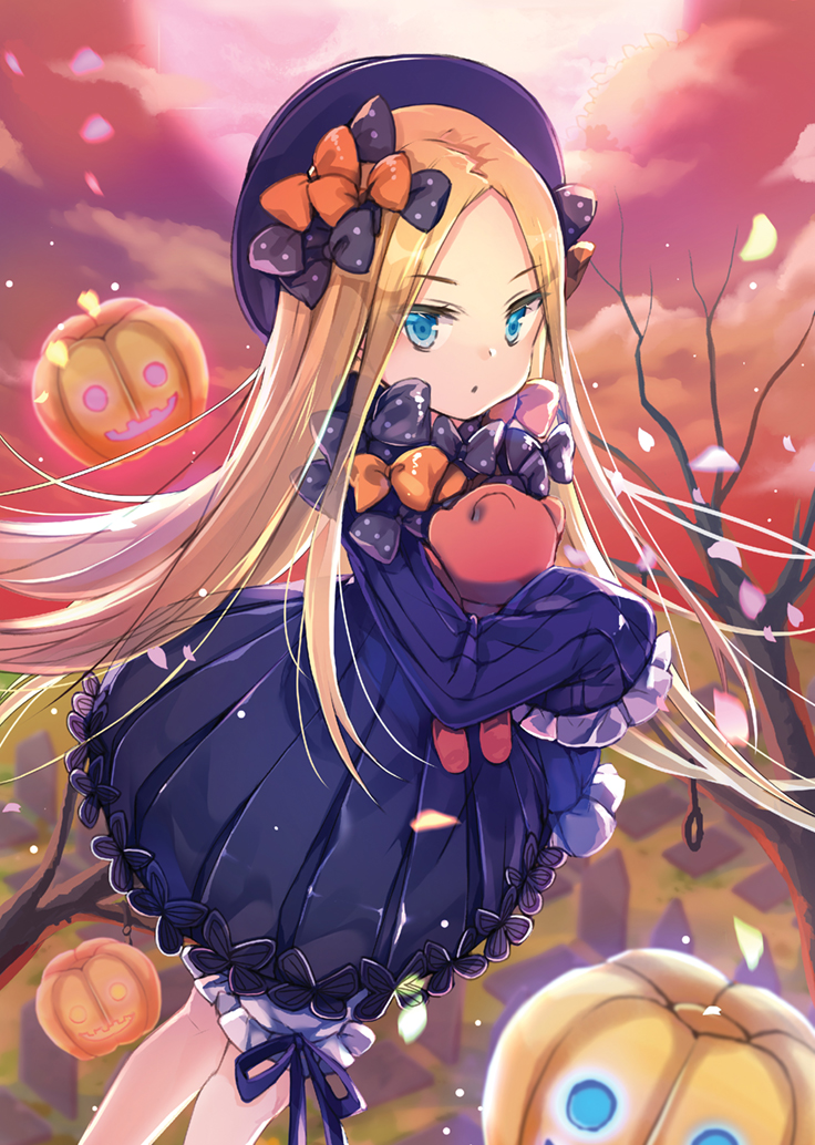 1girl abigail_williams_(fate/grand_order) bangs bare_tree black_bow black_dress black_hat blonde_hair bloomers blue_eyes bow butterfly clouds cloudy_sky commentary_request dress eyebrows_visible_through_hair fate/grand_order fate_(series) hair_bow hat jack-o'-lantern jin_young-in long_sleeves looking_at_viewer noose object_hug orange_bow outdoors parted_bangs parted_lips polka_dot polka_dot_bow rope sky sleeves_past_wrists solo stuffed_animal stuffed_toy teddy_bear tree underwear v-shaped_eyebrows white_bloomers