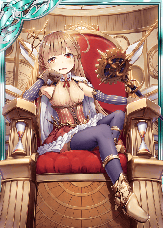 1girl akkijin blonde_hair bored breasts card_(medium) clock clockwork looking_at_viewer open_mouth orange_eyes shinkai_no_valkyrie sitting small_breasts solo staff thigh-highs throne weapon