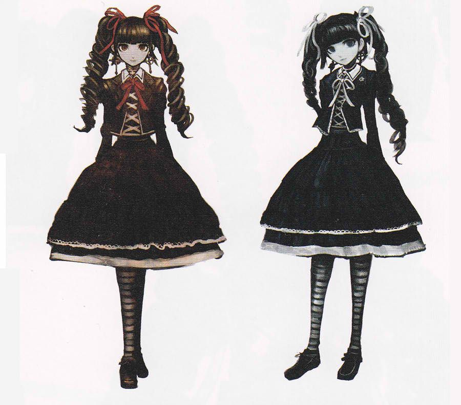 1girl bangs black_dress black_hair blunt_bangs celestia_ludenberck concept_art cross cross_earrings dangan_ronpa dress drill_hair earrings frilled_dress frills full_body gothic_lolita jewelry komatsuzaki_rui lolita_fashion long_hair monochrome official_art pantyhose red_eyes ribbon scan simple_background smile solo standing twin_drills twintails