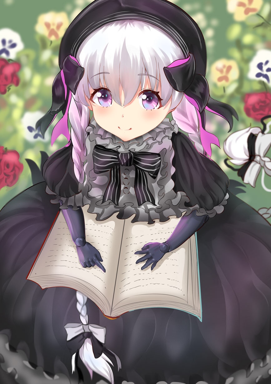 1girl bangs beret black_bow black_capelet black_dress black_gloves black_hat blush book bow closed_mouth commentary_request doll_joints dress elbow_gloves eyebrows_visible_through_hair fate/extra fate_(series) frilled_capelet frilled_dress frills gloves gothic_lolita hair_between_eyes hair_bow hat highres lolita_fashion long_hair low_twintails nursery_rhyme_(fate/extra) open_book red_flower silver_hair smile solo toki_(yoyobozi) twintails very_long_hair violet_eyes white_bow white_flower yellow_flower