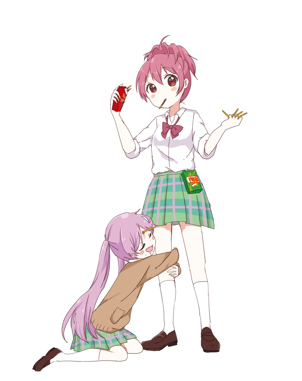 2girls bangs blood blood_on_face blush bow bowtie brown_footwear cardigan closed_eyes collared_shirt eating food full_body happy highres holding holding_food holding_pocky injury kasugano_urara_(sabagebu!) kneehighs kneeling leg_hug loafers long_hair looking_at_viewer masochism mearian medium_sleeves multiple_girls open_mouth pink_hair pink_neckwear plaid plaid_skirt pleated_skirt pocky ponytail purple_hair red_eyes sabagebu! saliva school_uniform shirt shoes short_hair skirt smile snack sonokawa_momoka sweets twintails white_legwear white_shirt yuri