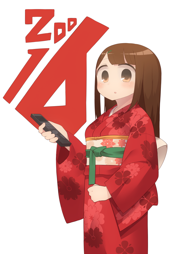 1girl :o bangs blunt_bangs blush brown_eyes brown_hair commentary_request controller floral_print harau holding japanese_clothes kimono long_hair long_sleeves looking_at_viewer new_year obi original parted_lips red_kimono remote_control sash simple_background solo standing upper_body white_background