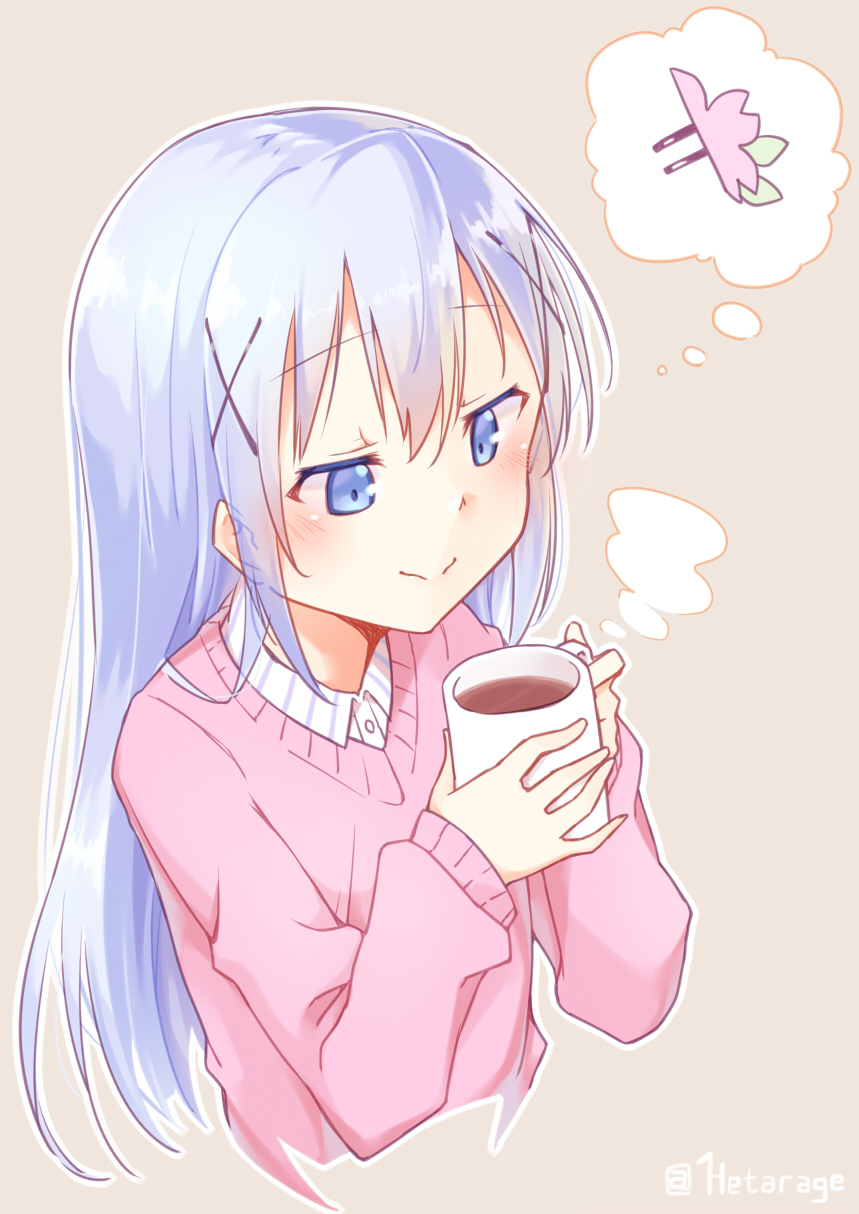 :&gt; bangs beige_background blue_eyes blush buttons casual closed_mouth collared_shirt cropped_torso cup eyebrows_visible_through_hair flat_chest gochuumon_wa_usagi_desu_ka? hair_between_eyes hair_ornament hairclip hetareeji highres holding hot_chocolate hoto_cocoa kafuu_chino light_blue_hair long_hair long_sleeves looking_down mug outline pink_sweater shirt sidelocks steam sweater thinking thought_bubble upper_body white_outline white_shirt wing_collar x_hair_ornament