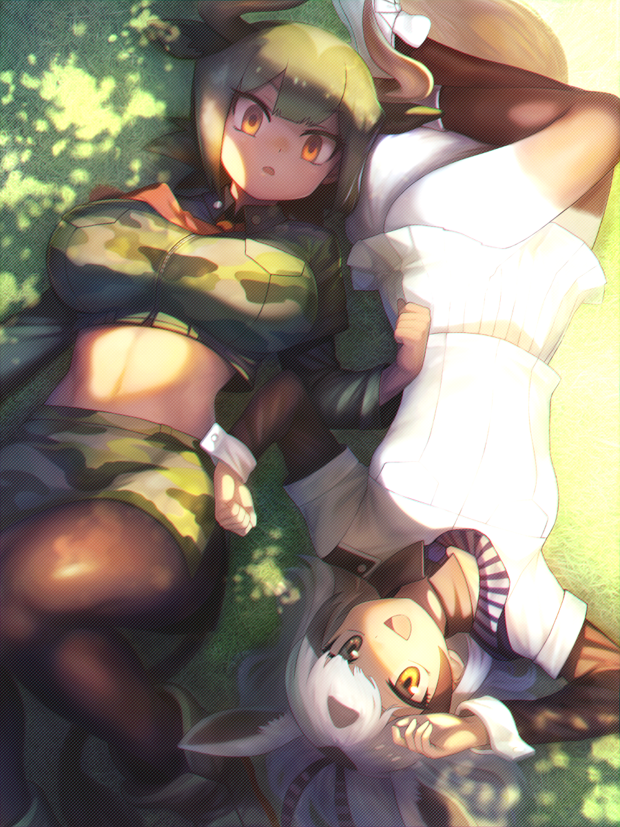 2girls :d animal_ears arabian_oryx_(kemono_friends) aurochs_(kemono_friends) bangs black_hair bodystocking breasts brown_eyes camouflage camouflage_shirt camouflage_skirt crop_top cropped_shirt dappled_sunlight day eyebrows_visible_through_hair from_above grass green_hair hand_up hands_up highres horns kemono_friends kiki_(uxoia) knee_up large_breasts long_hair long_sleeves looking_at_viewer lying midriff multicolored_hair multiple_girls navel necktie on_back open_mouth orange_eyes oryx_ears outdoors pantyhose red_neckwear shade shirt short_hair short_sleeves skirt smile stomach sunlight tail toned tree_shade upside-down white_hair white_shirt white_skirt