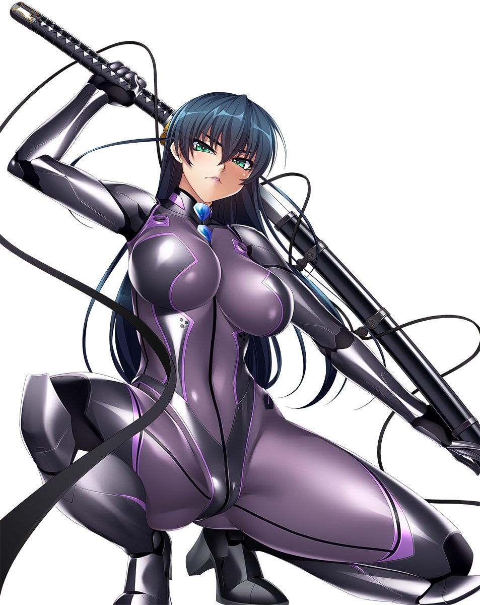 1girl aqua_eyes bangs blue_hair bodysuit breasts commentary_request eyebrows_visible_through_hair highres holding holding_weapon igawa_asagi impossible_bodysuit impossible_clothes kagami_hirotaka katana kneeling large_breasts looking_at_viewer sheath simple_background skin_tight solo sword taimanin_(series) taimanin_asagi taimanin_asagi_kessen_arena thigh-highs weapon white_background