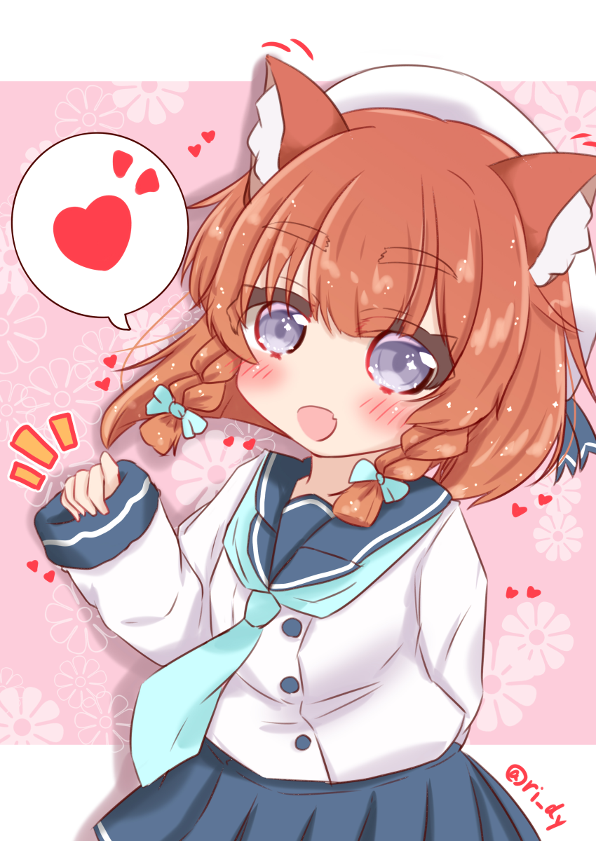 1girl :d animal_ear_fluff animal_ears bangs beret blue_neckwear blue_sailor_collar blue_skirt blush braid brown_hair cat_ears commentary_request etorofu_(kantai_collection) eyebrows_visible_through_hair fang floral_background hair_between_eyes hand_up hat heart highres kantai_collection kemonomimi_mode long_sleeves looking_at_viewer open_mouth pink_background pleated_skirt ridy_(ri_sui) sailor_collar school_uniform serafuku shirt side_braid skirt sleeves_past_wrists smile solo spoken_heart thick_eyebrows twin_braids twitter_username two-tone_background violet_eyes white_background white_headwear white_shirt