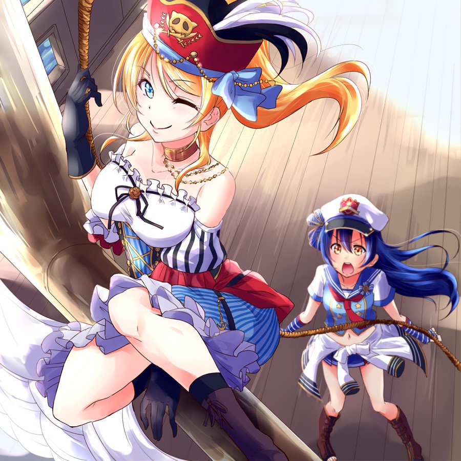 2girls ayase_eli bangs blonde_hair blue_eyes blue_hair blush boat boots closed_mouth clothes_around_waist commentary_request dress fingerless_gloves from_above gloves hair_between_eyes hat jacket_around_waist jolly_roger long_hair looking_at_viewer love_live! love_live!_school_idol_festival love_live!_school_idol_project multiple_girls navel necktie one_eye_closed open_mouth pirate pirate_hat ponytail red_neckwear skirt skull_and_crossed_swords sonoda_umi strapless strapless_dress striped urutsu_sahari watercraft yellow_eyes
