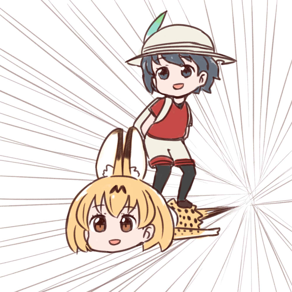 :d animal_ears arms_behind_back backpack bag batta_(ijigen_debris) black_eyes brown_eyes bucket_hat commentary_request dragon_ball elbow_gloves emphasis_lines eyebrows_visible_through_hair flying gloves grey_hat grey_shorts hat hat_feather kaban_(kemono_friends) kemono_friends open_mouth orange_hair orange_skirt pantyhose parody red_shirt serval_(kemono_friends) serval_ears serval_print serval_tail shirt short_hair short_sleeves shorts skirt smile speed_lines tail tao_pai_pai tatsuki_(irodori)_(style)