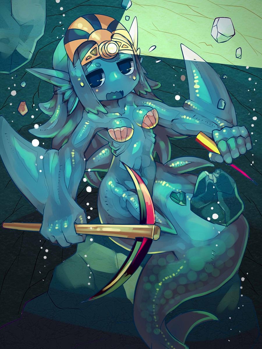 1girl air_bubble animal_ears blue_eyes blue_hair blue_skin blush bubble commentary_request fins flashlight harau head_fins helmet highres holding jitome long_hair looking_at_viewer mermaid miner monster_girl muscle muscular_female navel open_mouth original pickaxe rock shell shell_bikini solo sweatdrop underwater wavy_mouth