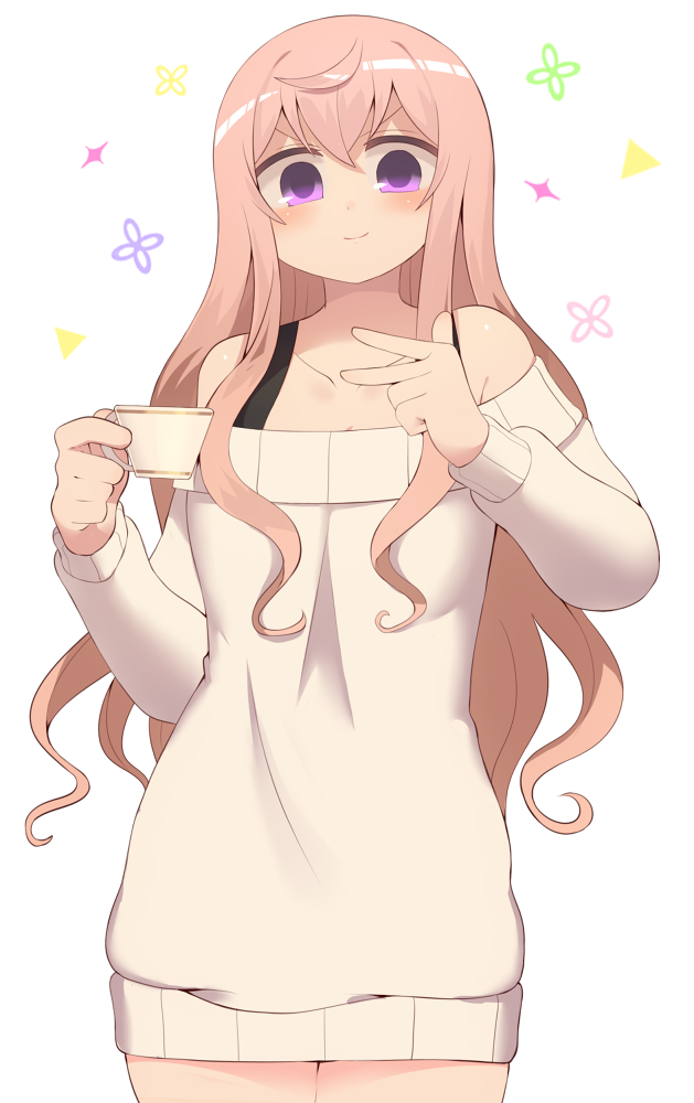 1girl bare_shoulders blush closed_mouth collarbone commentary_request cowboy_shot dress drinking_cup gochuumon_wa_usagi_desu_ka? hair_between_eyes harau hoto_mocha legs_together long_hair long_sleeves looking_at_viewer pink_hair smile solo sweater sweater_dress sweater_vest v v-shaped_eyebrows violet_eyes white_sweater