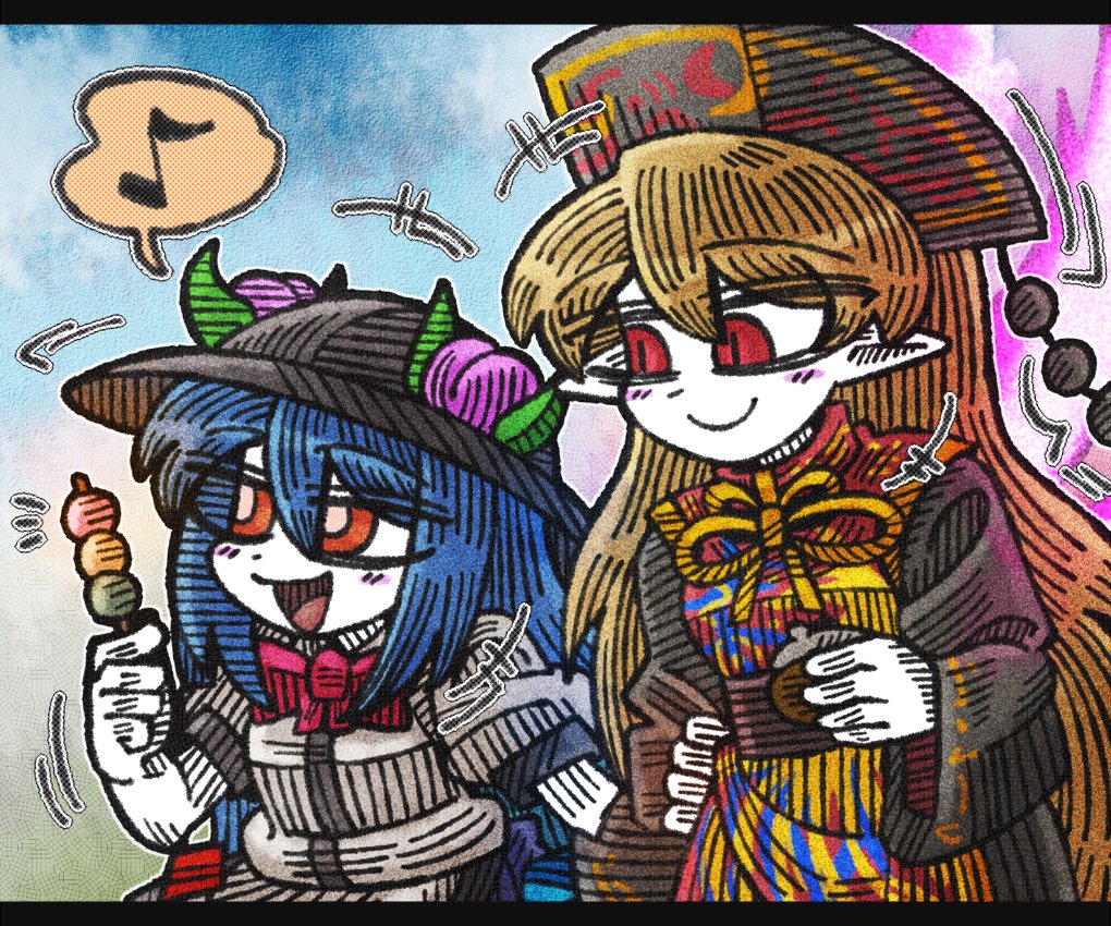 +++ 2girls :d black_dress black_hat blonde_hair blue_hair blush_stickers chinese_clothes dango dress food fruit hair_between_eyes hand_on_another's_arm hat hat_leaf height_difference hinanawi_tenshi junko_(touhou) letterboxed line_shading long_hair multiple_girls musical_note open_mouth peach pointy_ears puffy_short_sleeves puffy_sleeves quaver red_eyes red_neckwear shirt short_sleeves smile spoken_musical_note suenari_(peace) tabard touhou very_long_hair wagashi wallet white_shirt white_skin wide_sleeves