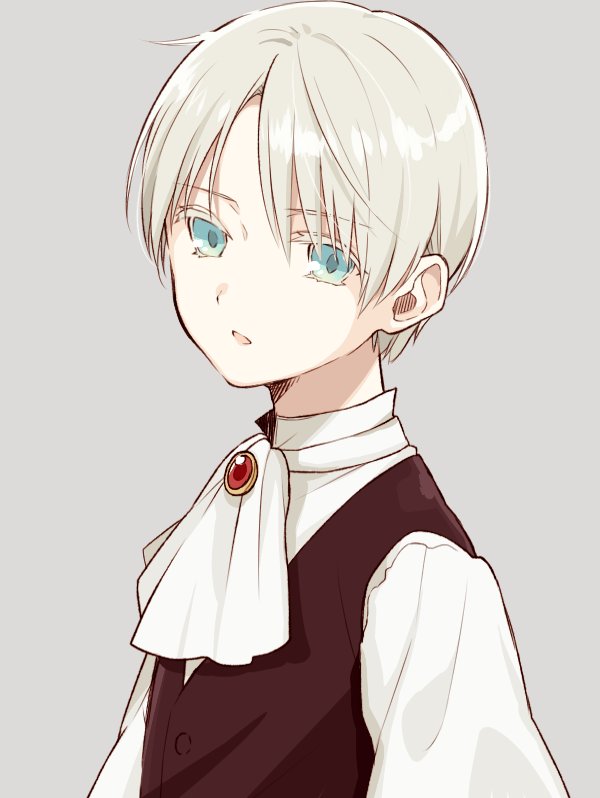 1boy blouse blue_eyes chisumi commentary_request copyright_request cravat eyebrows_visible_through_hair gem grey_background long_sleeves looking_at_viewer male_focus parted_lips silver_hair simple_background solo upper_body vest white_neckwear