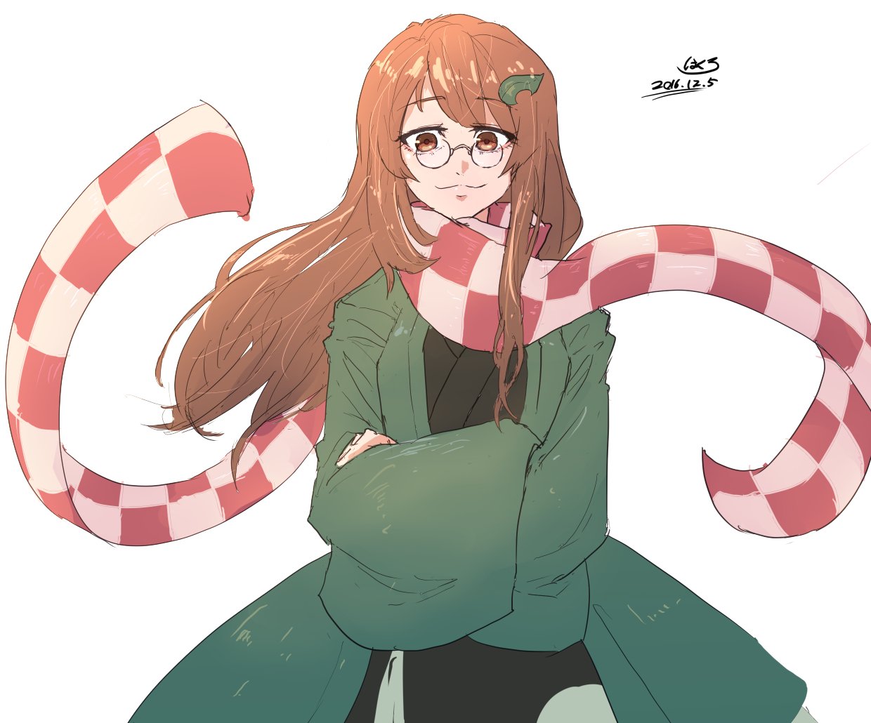 1girl bangs brown_eyes brown_hair checkered_scarf closed_mouth commentary crossed_arms dated eyebrows_visible_through_hair futatsuiwa_mamizou futatsuiwa_mamizou_(human) glasses hakuro109 japanese_clothes leaf leaf_on_head long_hair long_sleeves looking_at_viewer scarf signature simple_background smile solo standing touhou upper_body white_background wide_sleeves