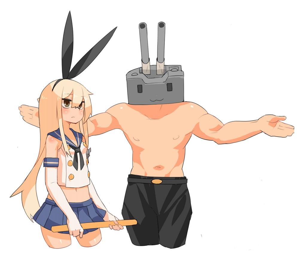 1boy 1girl bangs bare_shoulders belt black_bow black_eyes black_neckwear black_pants blonde_hair blue_sailor_collar blue_skirt blush bow cannon closed_mouth commentary_request cowboy_shot cropped_legs elbow_gloves eyebrows_visible_through_hair gloves hair_between_eyes harau holding humanization kantai_collection long_hair midriff navel neckerchief pants pleated_skirt rensouhou-chan sailor_collar school_uniform serafuku shimakaze_(kantai_collection) shirt shirtless simple_background skirt sleeveless sleeveless_shirt very_long_hair white_background white_gloves white_shirt