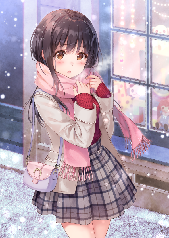 1girl :o bag bangs blush breasts breath brown_hair building coat cowboy_shot enpera eyebrows_visible_through_hair fringe fukahire_sanba grey_coat grey_skirt handbag high-waist_skirt long_hair long_sleeves looking_at_viewer open_clothes open_coat open_mouth original outdoors pink_scarf plaid plaid_skirt red_sweater scarf shoulder_bag skirt sleeves_past_wrists snow snowing solo standing tareme window winter
