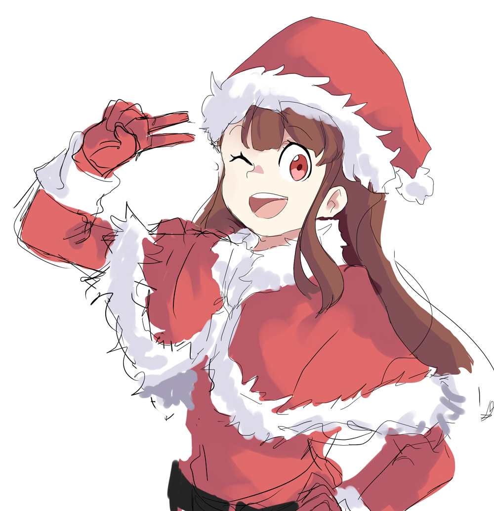 1girl brown_hair christmas cowboy_shot eliln hat kagari_atsuko little_witch_academia long_hair one_eye_closed red_eyes santa_costume santa_hat simple_background solo v wink