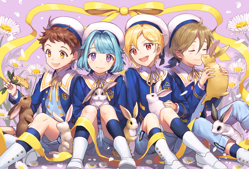 4boys animal blonde_hair blue_hair brown_eyes brown_hair ensemble_stars! hat male_focus mashiro_tomoya multiple_boys nito_nazuna open_mouth rabbit rabbits_(ensemble_stars!) red_eyes sailor_hat shino_hajime smile tenma_mitsuru violet_eyes yellow_eyes