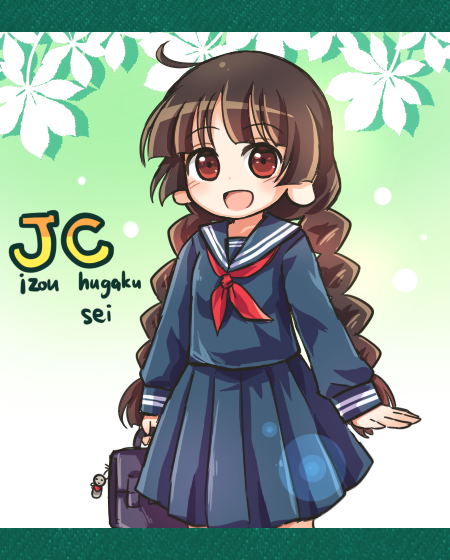 1girl :d ahoge alternate_costume bag black_hair braid long_hair looking_at_viewer open_mouth pleated_skirt pote_(ptkan) red_eyes school_bag school_uniform serafuku skirt smile solo touhou twin_braids very_long_hair yatadera_narumi