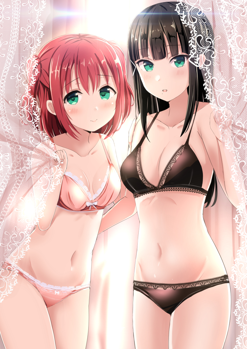 2girls aqua_eyes bangs black_bra black_hair black_panties bra breasts cowboy_shot curtains green_eyes highres kurosawa_dia kurosawa_ruby lingerie long_hair looking_at_viewer love_live! love_live!_sunshine!! medium_breasts mole mole_under_mouth morerin multiple_girls navel panties pink_bra pink_panties redhead siblings sisters two_side_up underwear underwear_only