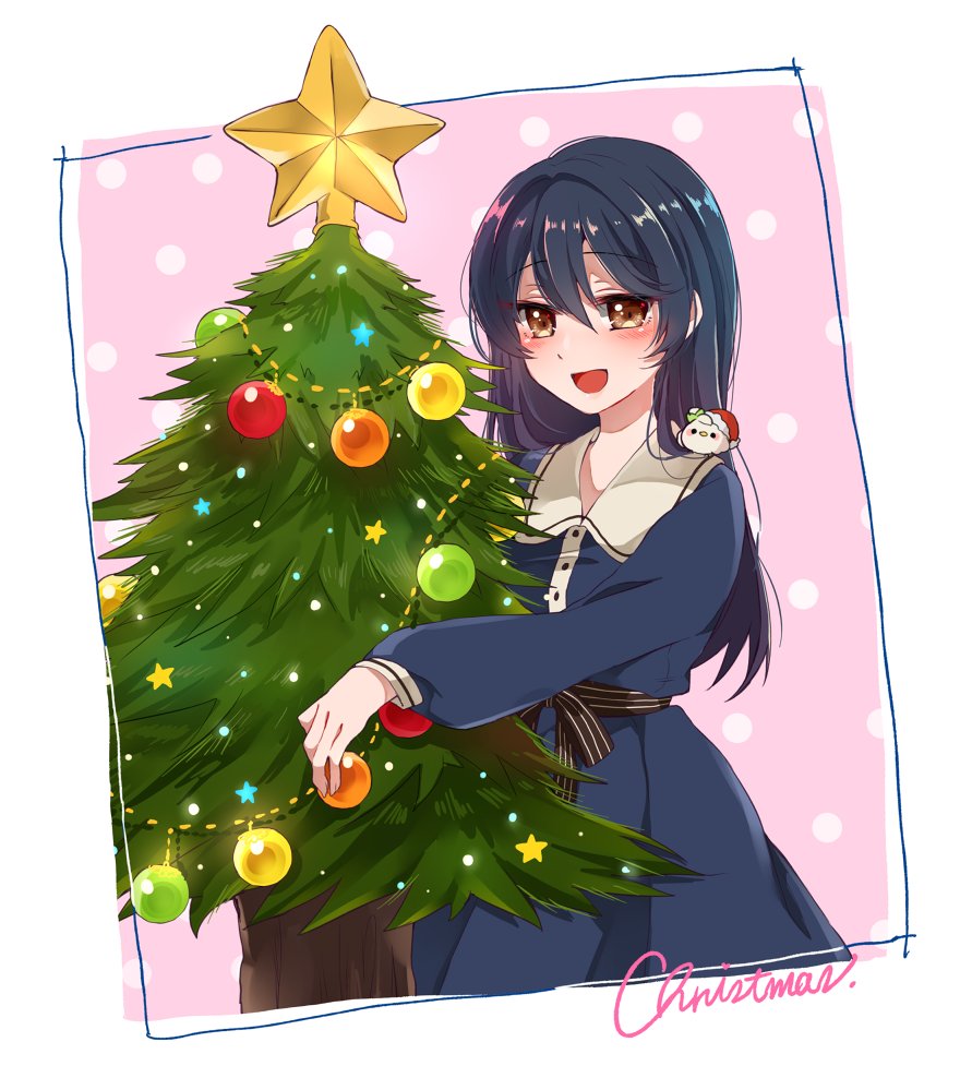 1girl bangs bird blue_dress blue_hair blush christmas christmas_ornaments christmas_tree commentary_request dress eyebrows_visible_through_hair hair_between_eyes hat long_hair looking_at_viewer love_live! love_live!_school_idol_project merry_christmas minami_kotori_(bird) open_mouth pine_tree purin_(purin0) ribbon santa_hat smile solo sonoda_umi star striped tree yellow_eyes