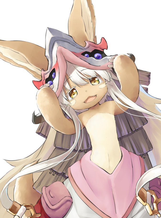 1girl :3 :d animal_ears commentary dutch_angle fang hands_up happy_turn2 made_in_abyss nanachi_(made_in_abyss) open_mouth rabbit_ears smile solo white_background white_hair yellow_eyes