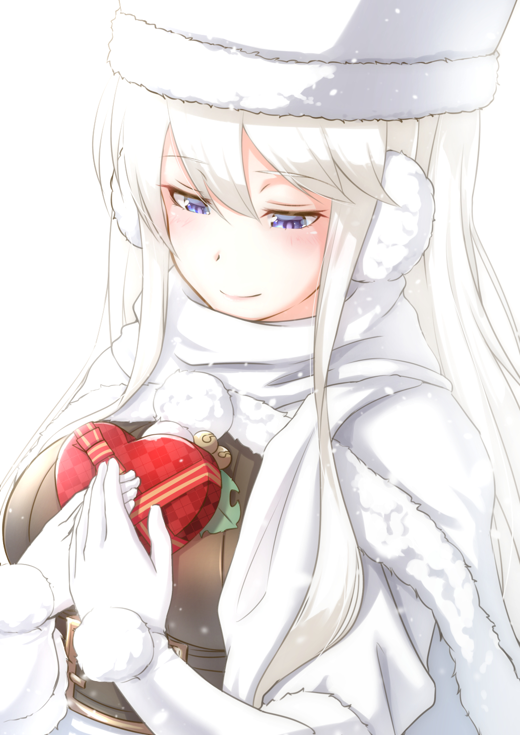 1girl azur_lane bangs bell blush box breasts coat commentary_request earmuffs enterprise_(azur_lane) enterprise_(reindeer_master)_(azur_lane) eyebrows_visible_through_hair gift gift_box gloves hat heart-shaped_box highres holding holding_gift long_hair looking_down pom_pom_(clothes) scarf silver_hair smile solo takatun223 underbust upper_body violet_eyes white_coat white_gloves white_hat winter_clothes winter_coat