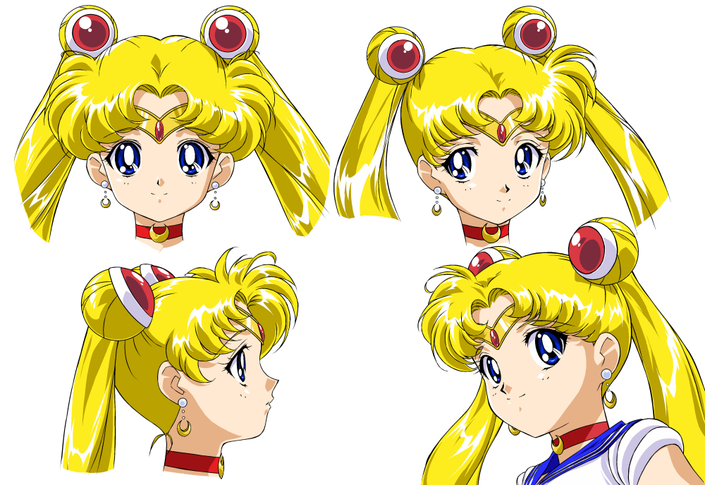 4girls bishoujo_senshi_sailor_moon blonde_hair blue_eyes blue_sailor_collar choker circlet closed_mouth crescent crescent_earrings double_bun earrings hair_ornament hairpin jewelry long_hair looking_at_viewer magical_girl multiple_girls multiple_persona official_style oku_yukihide profile red_neckwear sailor_moon shiny shiny_hair simple_background smile tsukino_usagi twintails white_background