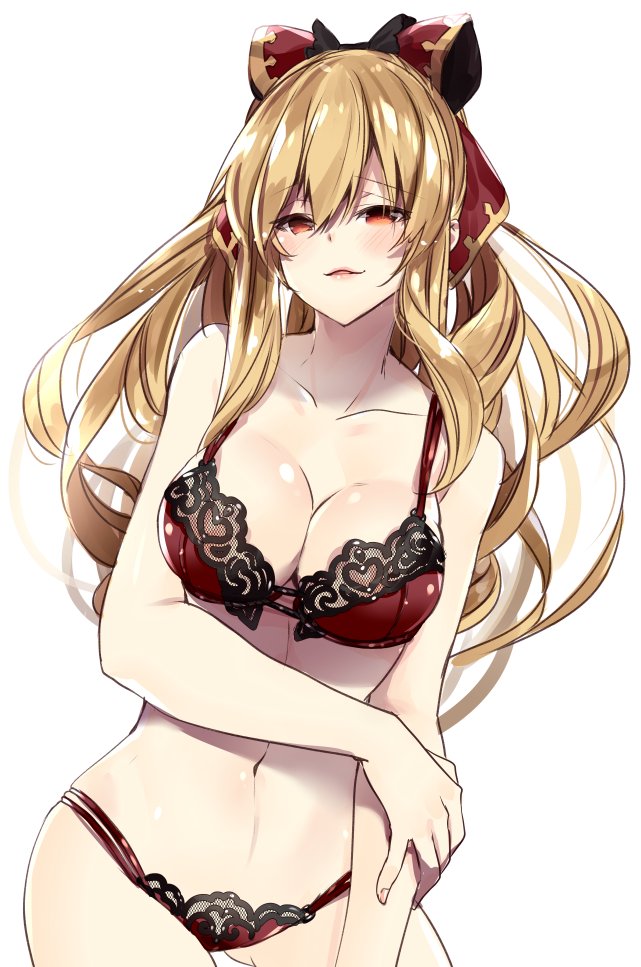 1girl 218 black_bow blonde_hair bow bra breasts cleavage contrapposto empty_eyes granblue_fantasy hair_bow lace lace-trimmed_bra lace-trimmed_panties large_breasts lingerie long_hair navel orange_eyes panties ponytail red_bra red_eyes red_panties solo swimsuit vira