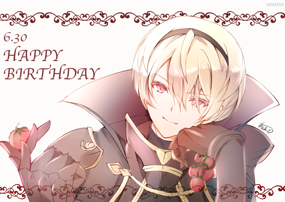1boy armor artist_name atoatto blonde_hair capelet fire_emblem fire_emblem_if gloves hairband happy_birthday leon_(fire_emblem_if) male_focus portrait red_eyes simple_background solo tomato white_background
