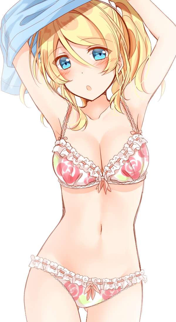 1girl :o ayase_eli bikini blonde_hair blue_eyes blush bra breasts cleavage floral_print lace lace-trimmed_bra lace-trimmed_panties long_hair looking_at_viewer love_live! love_live!_school_idol_project medium_breasts midriff mogu_(au1127) navel open_mouth ponytail rose solo undressing